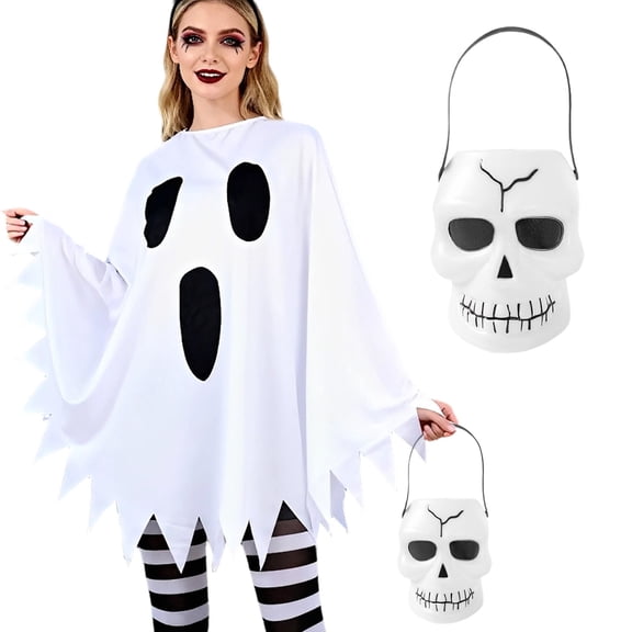PPKVUFD 1Pcs Halloween Trick or Treat Skull Bucket, Candy Basket and Buckets for Trick or Treating, Halloween Pails with Handle for Halloween Party Favors Supplies Props, White