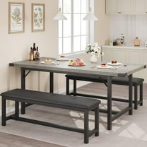 Kojooin Dining Table Set for 4-6, 63" Extendable Rustic Gray Dining Table with 2 Upholstered Benches