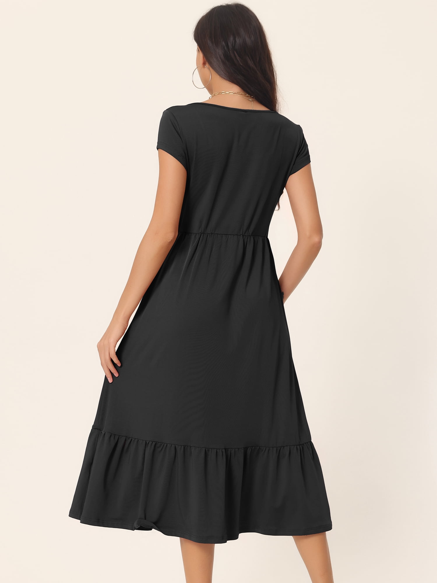 Unique Bargains Women's Tiered Round Neck Ruffle Hem Short Cap Sleeve Knit Midi Dress S Black