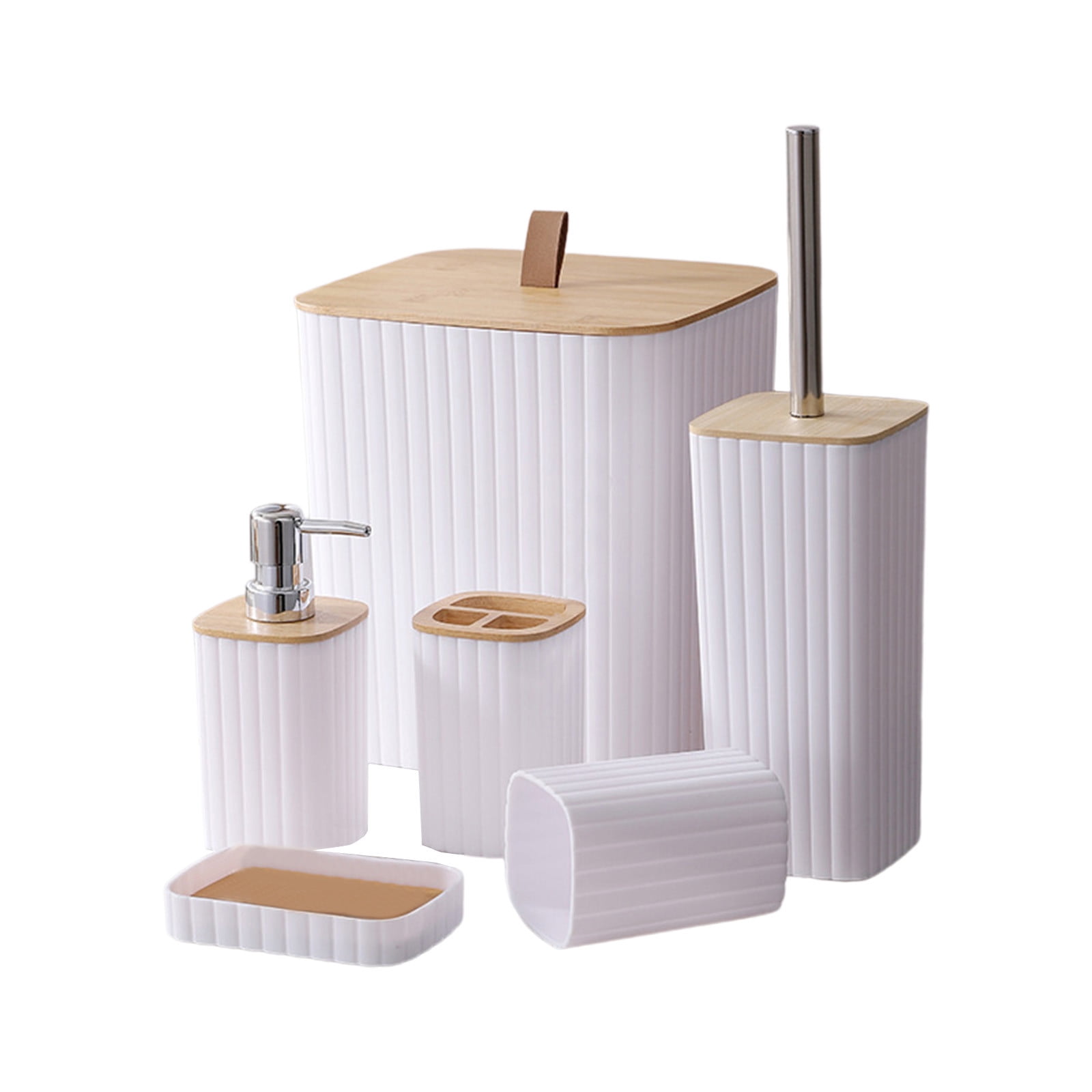 Blueek 6PC Bathroom Accessory Set, Plastic Bathroom Organizer with Toilet Brush, Trash Can, Soap Dispenser for Stylish Home(White)
