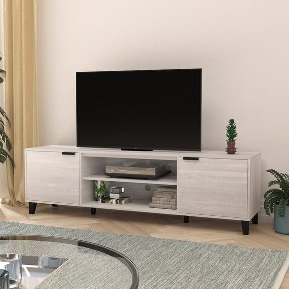 Merrick Lane Gray Finished 70" Mid-Century Modern TV Stand with Adjustable Open Shelves and Two Doors for TV's up to 60"