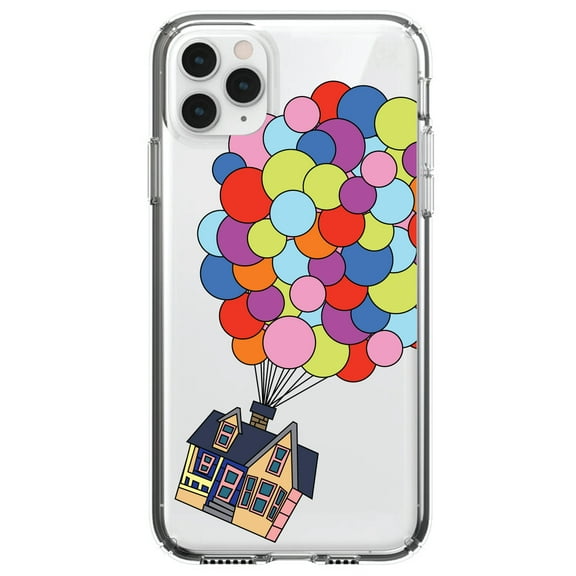 DistinctInk Clear Shockproof Hybrid Case for iPhone 13 (6.1" Screen) - TPU Bumper, Acrylic Back, Tempered Glass Screen Protector - Balloons Lifting House