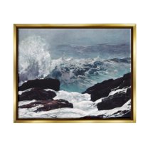 Stupell Industries Crashing Waves Ocean Rocks Cliffs Rough Waters Painting Metallic Gold Floating Framed Canvas Print Wall Art, Design by Lettered and Lined