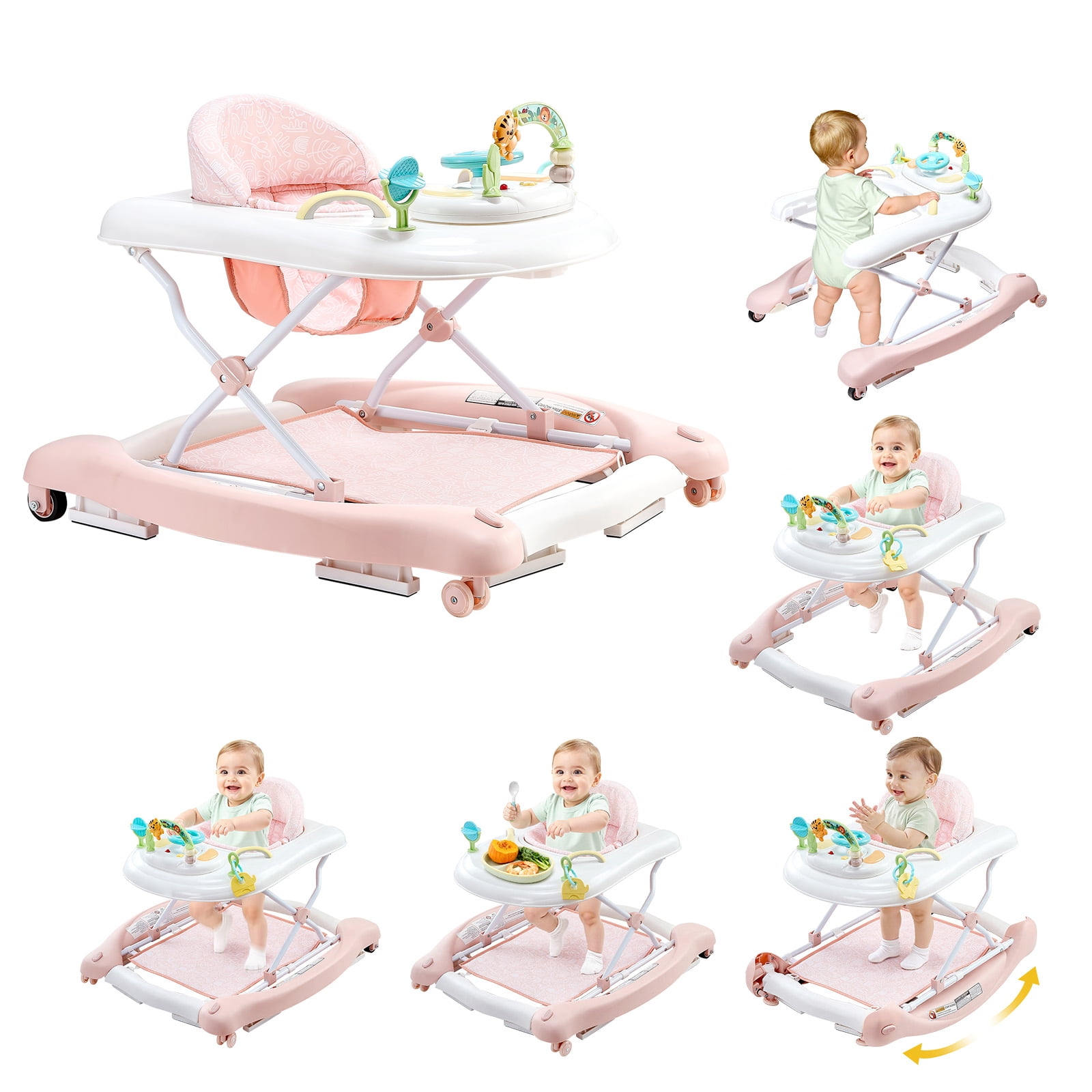 KFFKFF 5-in-1 Baby Walker with Adjustable Height, Foldable Activity Center on Wheels, Comfortable High-Back Seat, Rocker Bouncer Function, Anti-Rollover Design for Toddlers Aged 6-24 Months