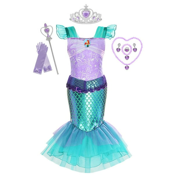 2023 vestido de sirenita para niñas, disfraz de princesa Ariel de Disney, vestido con volantes de encaje, disfraz de fiesta de cumpleaños de Halloween para niños, traje 4T (etiqueta 120) Gao Jinjia LED