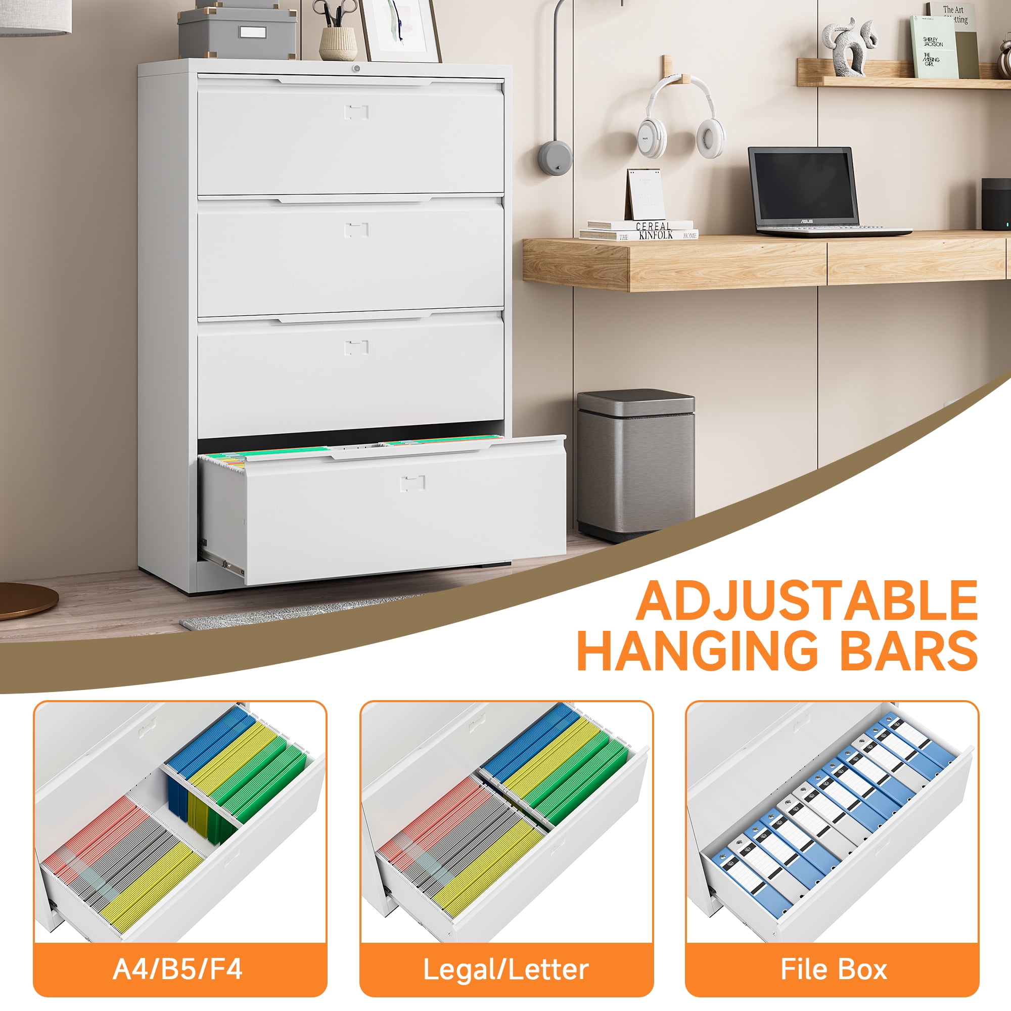 Coolsun Metal Lateral File Cabinet, 4 Drawer File Cabinet with Lock, Wide Filing Cabinet for Home Office, Locking Storage Cabinet for Hanging A4/F4/Letter/Legal, Assembly Required (White, 4 Drawer)