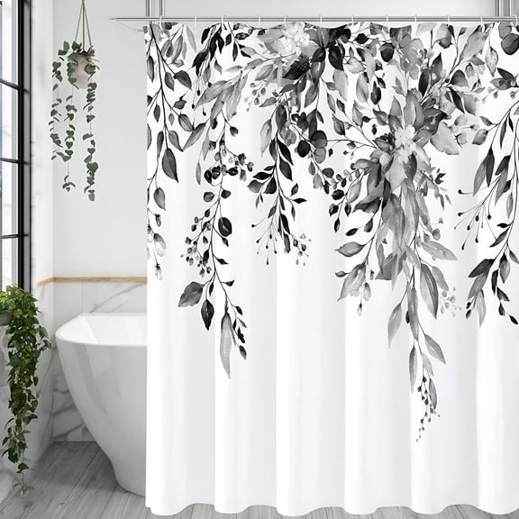 AUQ Black and White Eucalyptus Shower Curtain,Grey Watercolor Leaves with Floral Bathroom Shower Curtain Set with Hooks,72x72