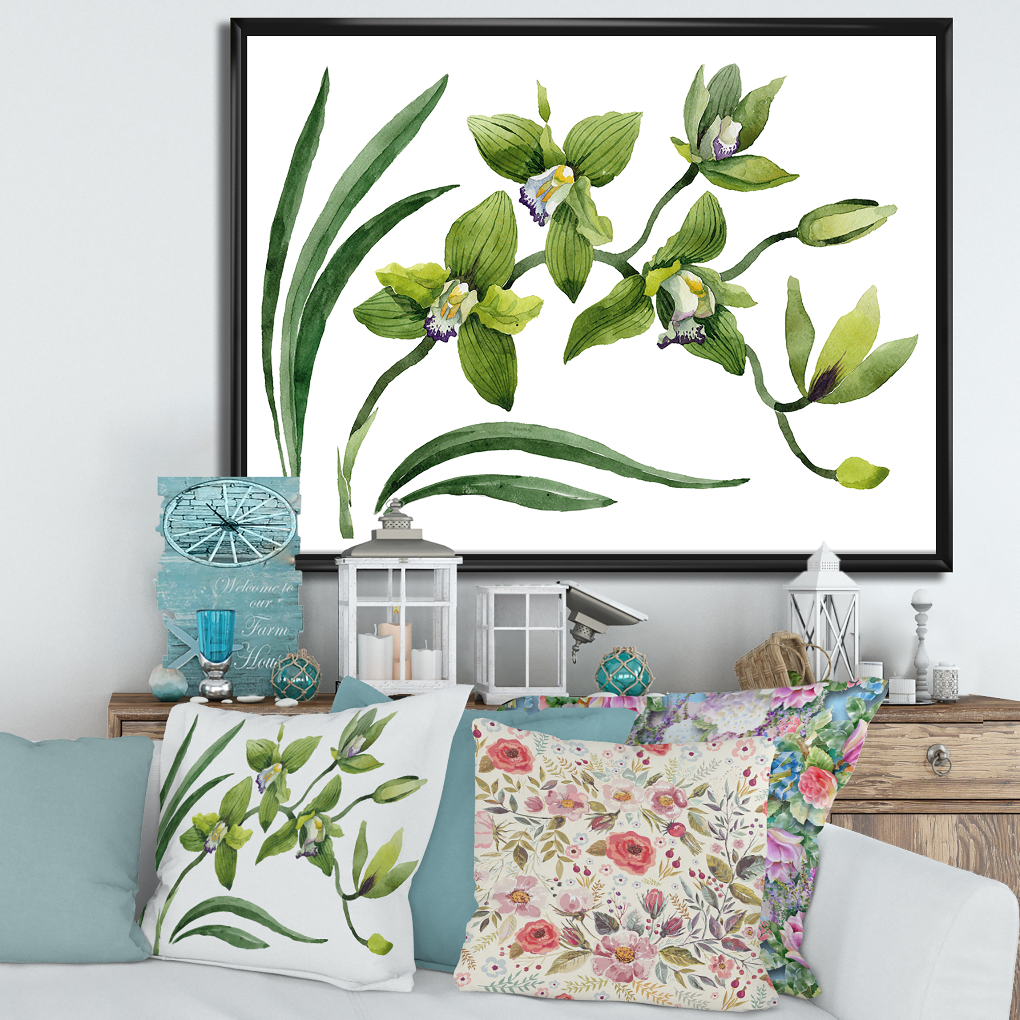 Designart 'Green Orchid Flowers On White' Traditional Framed Canvas Wall Art Print