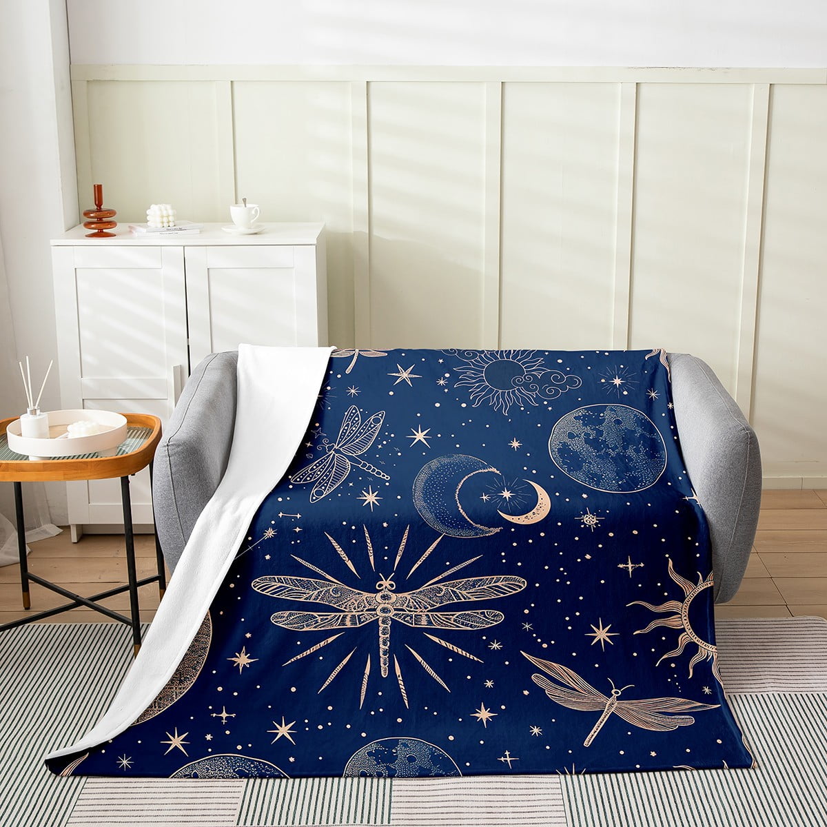 YST Dragonfly Throw Blanket Twin 60x80 Stars and Moon Fleece Blanket for Kids Boys Girls Blue Chic Starry Sky Fuzzy Blanket Bedroom Decor Outer Space theme Blanket for Sofa Bed Couch