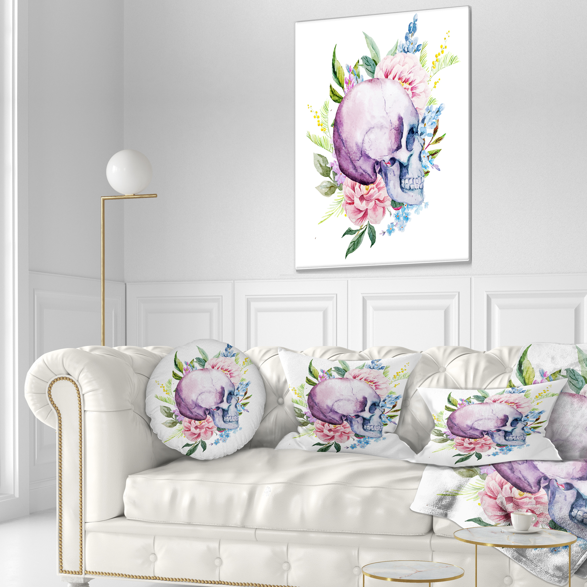 Designart Skull with Flower Borders - Floral Throw Pillow - 12x20