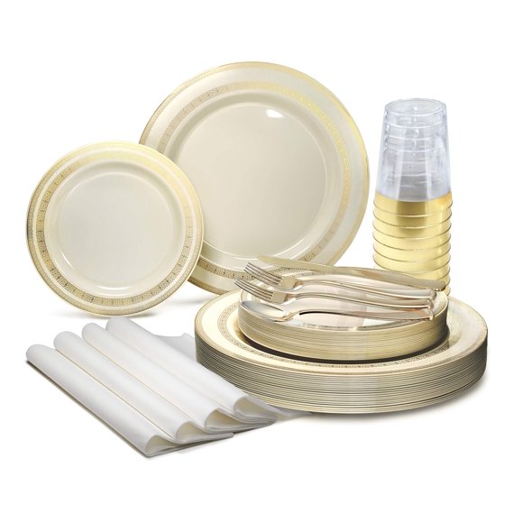 OCCASIONS Ensemble de 320 Pcs (40 Invités) - Assiettes en Plastique Jetables pour Mariage - 40 x 10.5 Pieds' + 40 x 7.5 Pieds' + Couverts + Tasses + Serviettes en Papier Effet Lin (Ivoire Dentelle & Or)