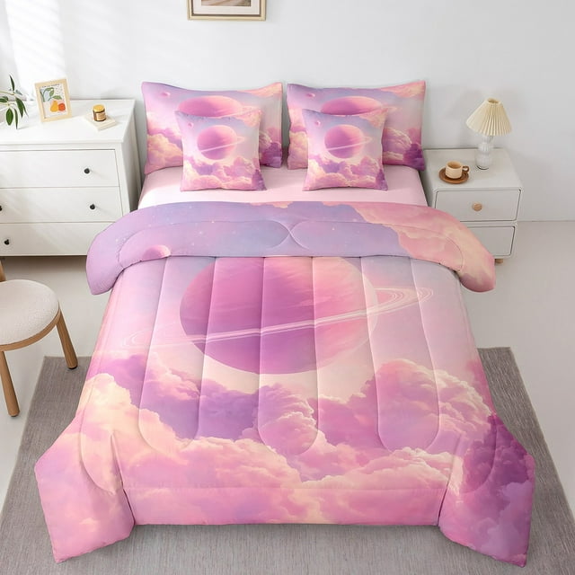 Manfei Ensemble de Literie 7 Pcs Planètes Roses, Ensemble de Literie Complet Nébuleuse de Rêve Léger, Drap-Housse Galaxie de l'Univers Drap Plat, Super Douillet Déco de Chambre pour Ados, Réversible