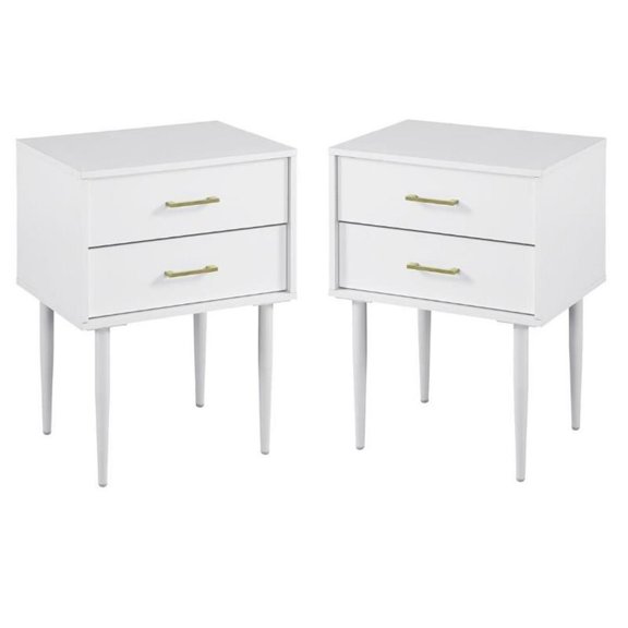Home Square 2 Piece Modern Wood Side Table Set with Gold Metal Handle in White