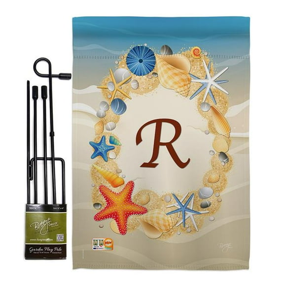 Breeze Decor BD-BN-GS-130174-IP-BO-D-US14-BD 13 x 18.5 in. Summer R Initial Coastal Beach Impressions Decorative Vertical Double Sided Garden Flag Set with Banner Pole
