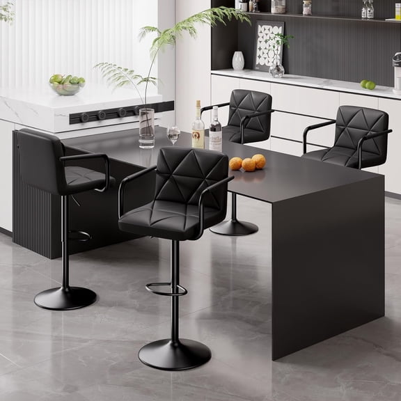 Hawsaiy Modern Bar Stools Set of 4, PU Leather Adjustable Swivel Bar Chairs with Armrests and Back, Hydraulic Counter Height Stools with Footrest for Kitchen Island, Dining Room, Bar, Black