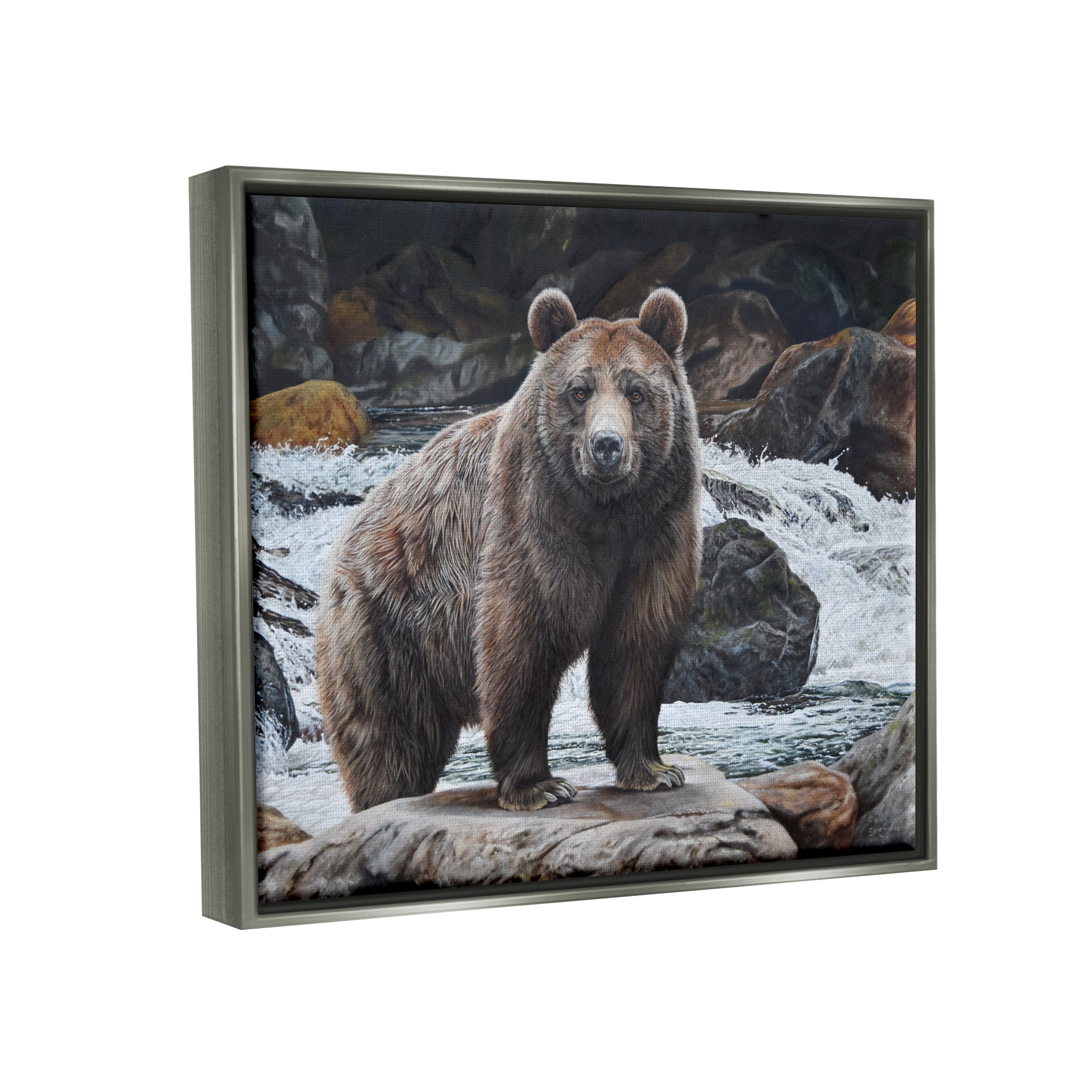 Stupell Industries Grizzly Bear by Waterfall Animals & Insects Painting Gray Floater Framed Art Print Wall Art, 21 x 17