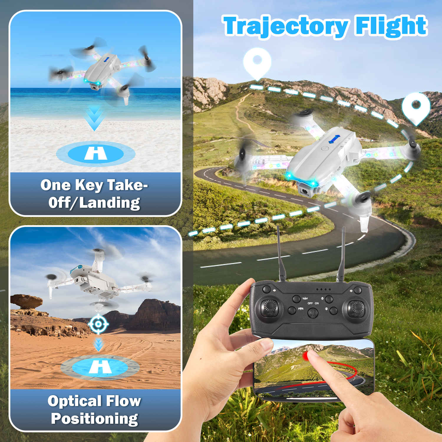 Drone with HD Camera for Adults Kids, WIFI FPV RC Quadcopter with Colorful LED Lights, Foldable RC Drone with 3 Batteries, Carrying Case