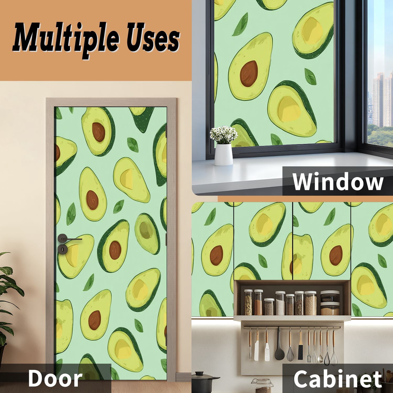 Self Adhesive Vinyl Refrigerator Wrap Set whole sliced avocado bright green Door Mural Removable Fridge Sticker Peel and Stick&nbsp;Full Door Cover Decal Kitchen Bar Decor
