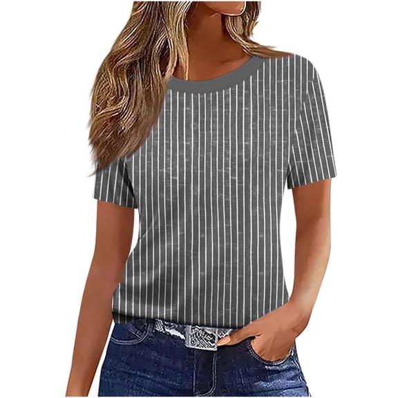yillto Womens Tops Summer Short Sleeve Striped Trim Short Sleeve Shirts Round Neck Casual Tunic Tees Blouses