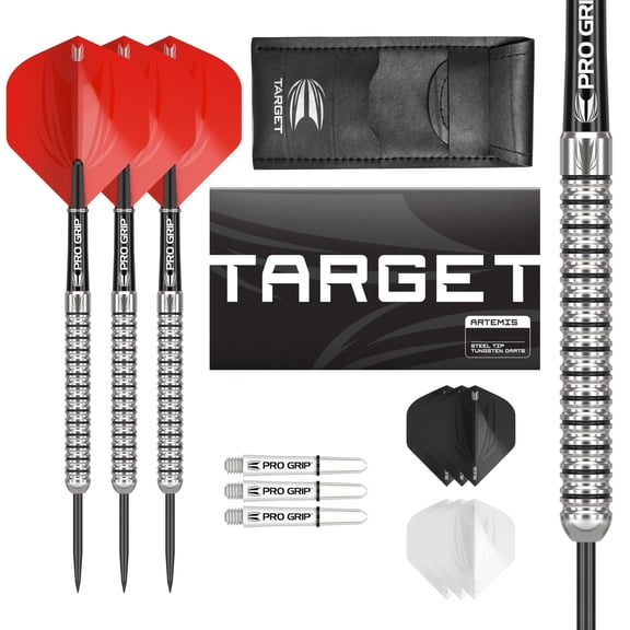 Target Darts Artemis 25G Tungsten Steel Tip Darts Set - 6 Pro Grip Shafts - 9 Pro Ultra Flights – Dart Wallet - Dart Counter App Coupon Bundle