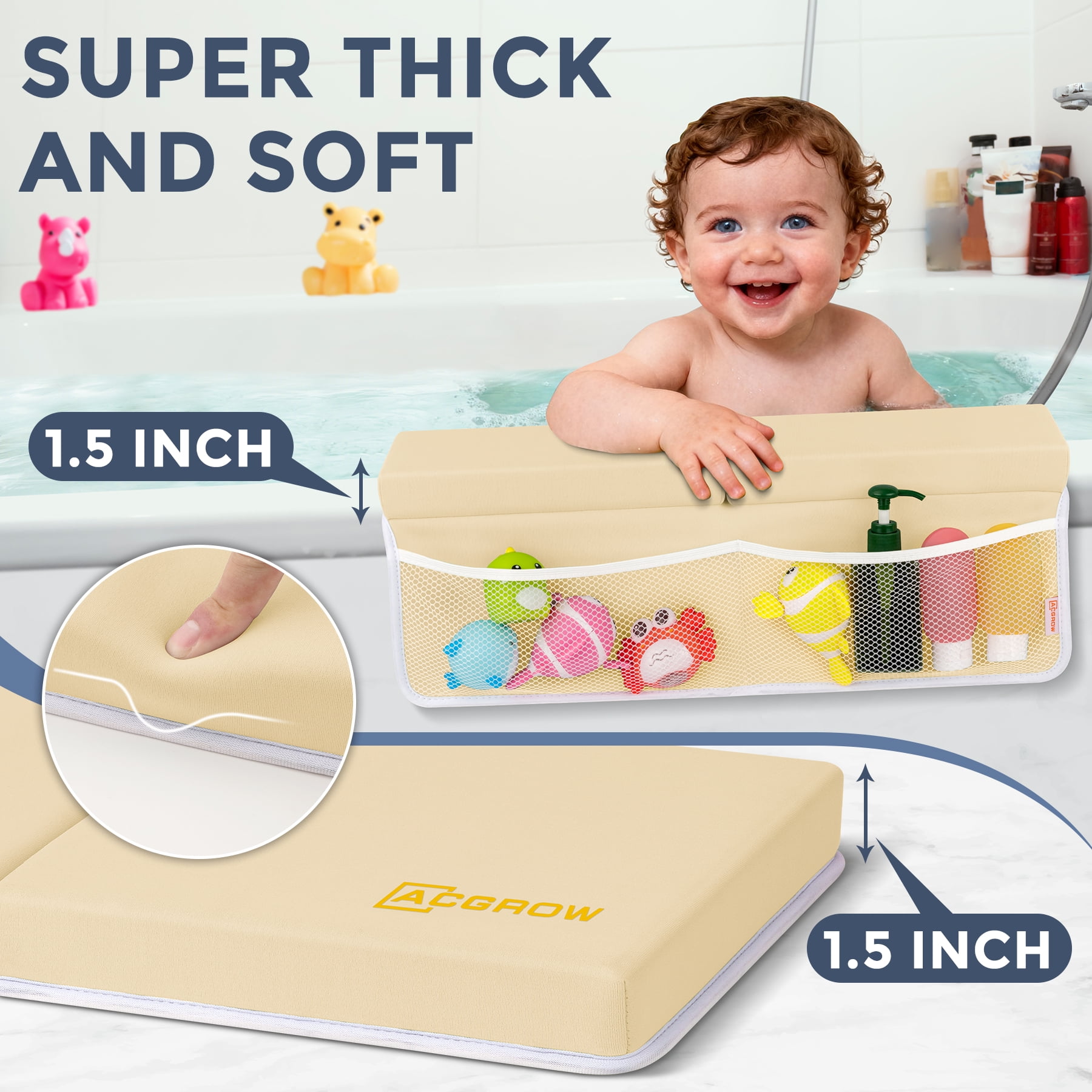 ACGROW Bath Kneeler and Elbow Rest Pad Set - 1.5" Thick Baby Bath Kneeler Pads with Toys Organizer, Anti-Slip Cozy Knee & Arm Support Bathtub Mat, Quick Dry Kneeling Pad for Baby Bath Time Yellow