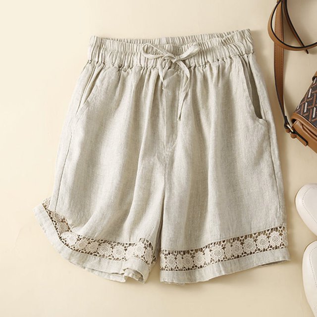MKLEKYY Pantalones Cortos de Mezclilla para Mujer, Pantalones Cortos de Lino Fino de Verano para Mujer, Pantalones Casuales de Cintura Elástica con Encaje Hueco Retro para Mujer