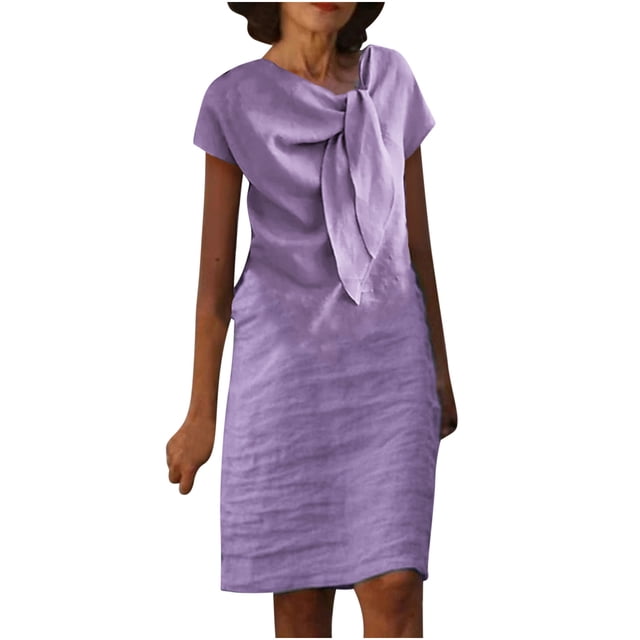 Robe d'Été pour Femmes 2024 Mode Grande Taille Col Rond Noué Manches Courtes Couleur Coton Lin Robe Longueur Genou avec Manches Courtes et Col Rond 50 % de Réduction!