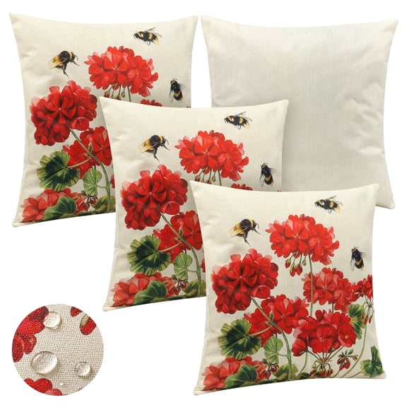 Waterproof Outdoor Pillow Covers 18x18", Spring Red Geranium Farmhouse Decor, Polyester Linen Throw Pillows Shell Set of 4