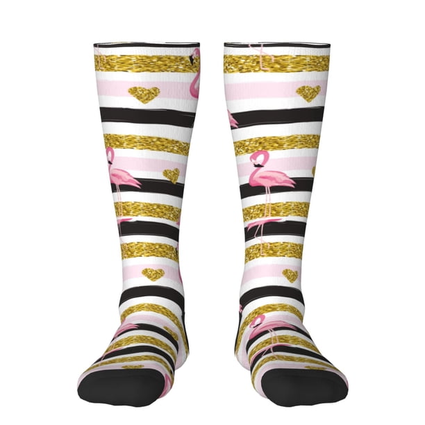 Fotbe Gold Glittering Hearts and Flamingos Calcetas Divertidas Estampadas para Hombre y Mujer, Calcetas de Algodón hasta la Rodilla para Caminar, Correr, Enfermería y Embarazo