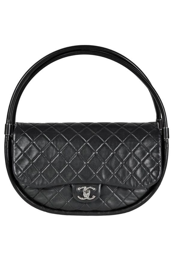 Pre-Owned CHANEL Hula Hoop Handbag in Black Lambskin with Silver Hardware, Coco Mark, and...