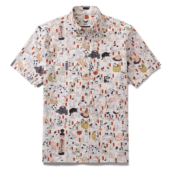Cotton Hawaiian Shirt For Men Cat Button-down Shirt Short Sleeve Aloha Shirt Tokaido 53 Station Cats