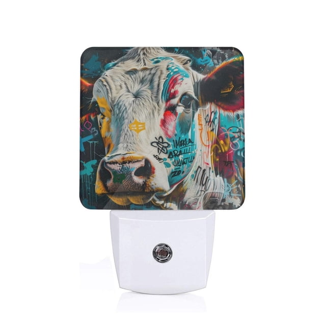 Balery Colorful Graffiti Cow Luz Nocturna LED con Sensor Automático, Enchufe con Sensor Crepuscular, Luz Suave de 0.5W para Dormitorio, Pasillo, Baño-UK