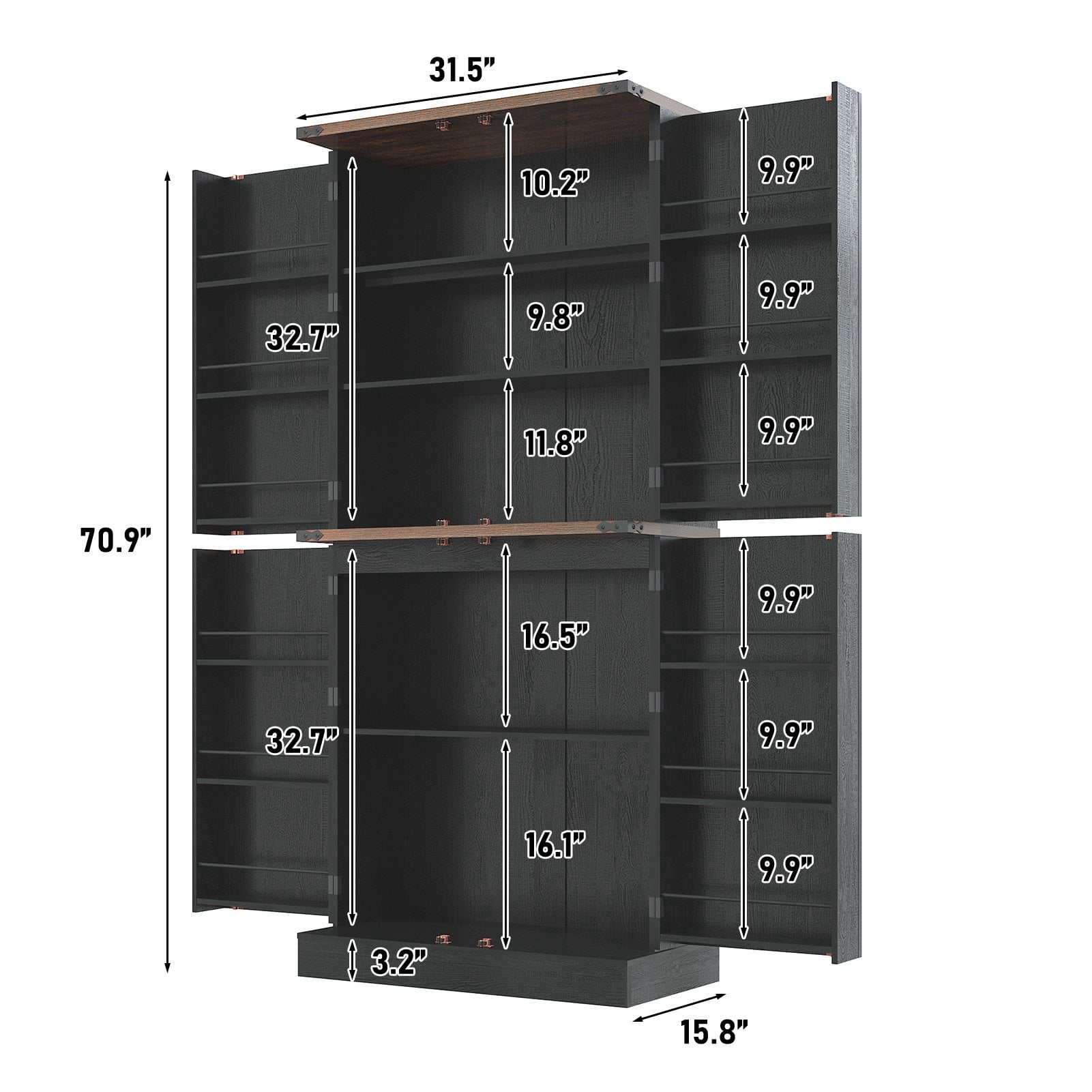 71" Tall Farmhouse Kitchen Pantry with 12 Side Shelves & Adjustable Shelves, 5 Layers Pantry Storage Cabinet w/Load-Bearing Steel Pipe & 4 Barn Doors for Kitchen, Dining Room, Living Room, Black