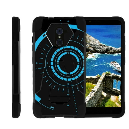 TurtleArmor ® | For ZTE Kirk | Imperial Max | Max Duo | Grand X Max 2 [Dynamic Shell] Dual Layer Hybrid Silicone Hard Shell Kickstand Case - Blue Tron Target