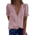 thumbnail image 1 of Askfv Womens V Neck Tops Solid Color Lace Casual Jacquard Pom Pom Shirt Blouse, 1 of 4