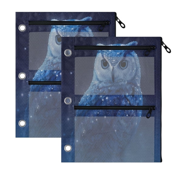 2 Pack 3-Ring Binder Pencil Pouch with Clear PVC Windows Blue Owl Large Capacity Stationery Bag for Classroom Office Supplies