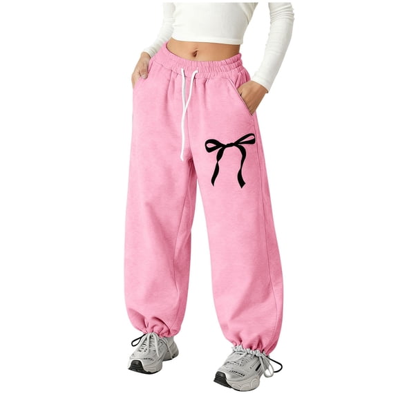 Girls Wide Straight Leg Loose Jogger Sweatpants Elastic Waist Drawstring Jogger Pants Cute Bow Printed Sports Pants with Pockets, Pink 6-7Y