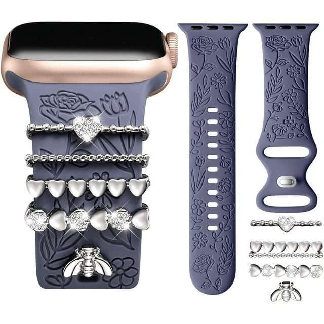 Correa con Floral Grabado Compatible con Apple Watch 40mm 44mm 42mm 38mm 41mm 45mm 46mm 49mm, Correas Silicona Suave con Adornos Decorativos para iWatch Series 11/10/9/8/7/6/5/4/3/2/1 SE Ultra
