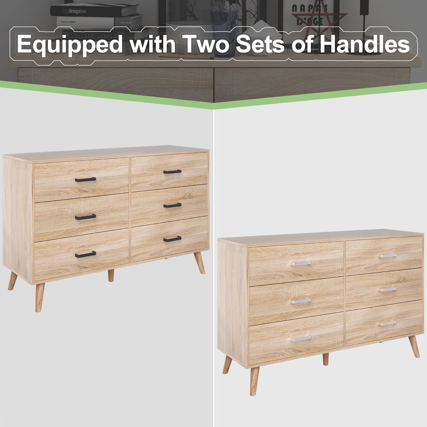 Frmobepts Mid Century Modern Dresser, 6 Drawer Dresser for Bedroom, Wood Dresser with Metal Handles, Light Oak