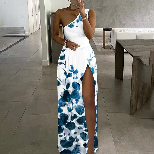 Lenago Robes de Printemps Grande Taille pour Femmes 2023 Mode Décontractée d'Été Sans Manches Imprimé Robe Fendue à une Épaule Robes de Plage d'Été en Liquidation