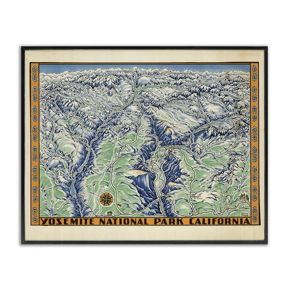 Stupell Industries Vintage Yosemite Map Travel & Places Painting Black Framed Art Print Wall Art, 14 x 11