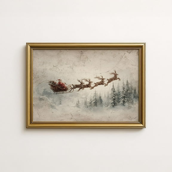 Vintage Santa Sleigh Poster Winter Holiday Reindeer, Antique Style Home Decor, 8x12 UNFRAMED