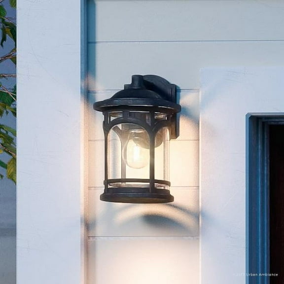Urban Ambiance Luxury Rustic Outdoor Wall Light, Small Size: 11"H x 7"W, with Colonial Style Elements, Wrought Iron Design, High-End Black Silk Finish and Seeded Glass, UQL1100