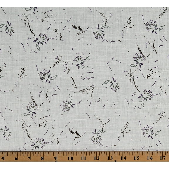 Linen Tossed Floral Purple and Green Small Flowers on Off-White 60" Wide Fabric by the Yard (D171.19)