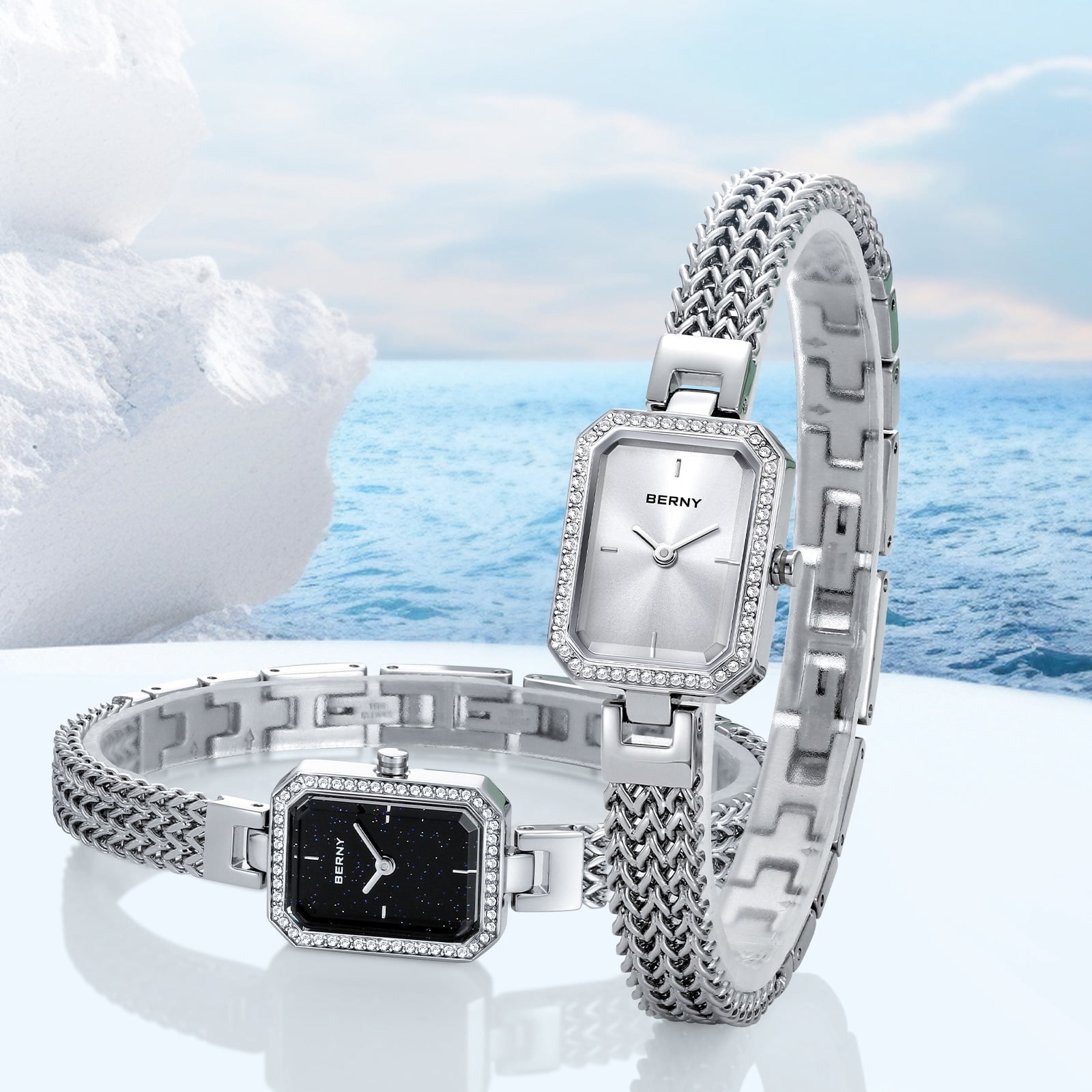 BERNY Silver Watches for Women, Dainty Rectangle Ladies Quartz Wrist Watch with Stainless Steel Bracelet Band, Waterproof Fashion Analog Women Watch Luxury Gift, Silver