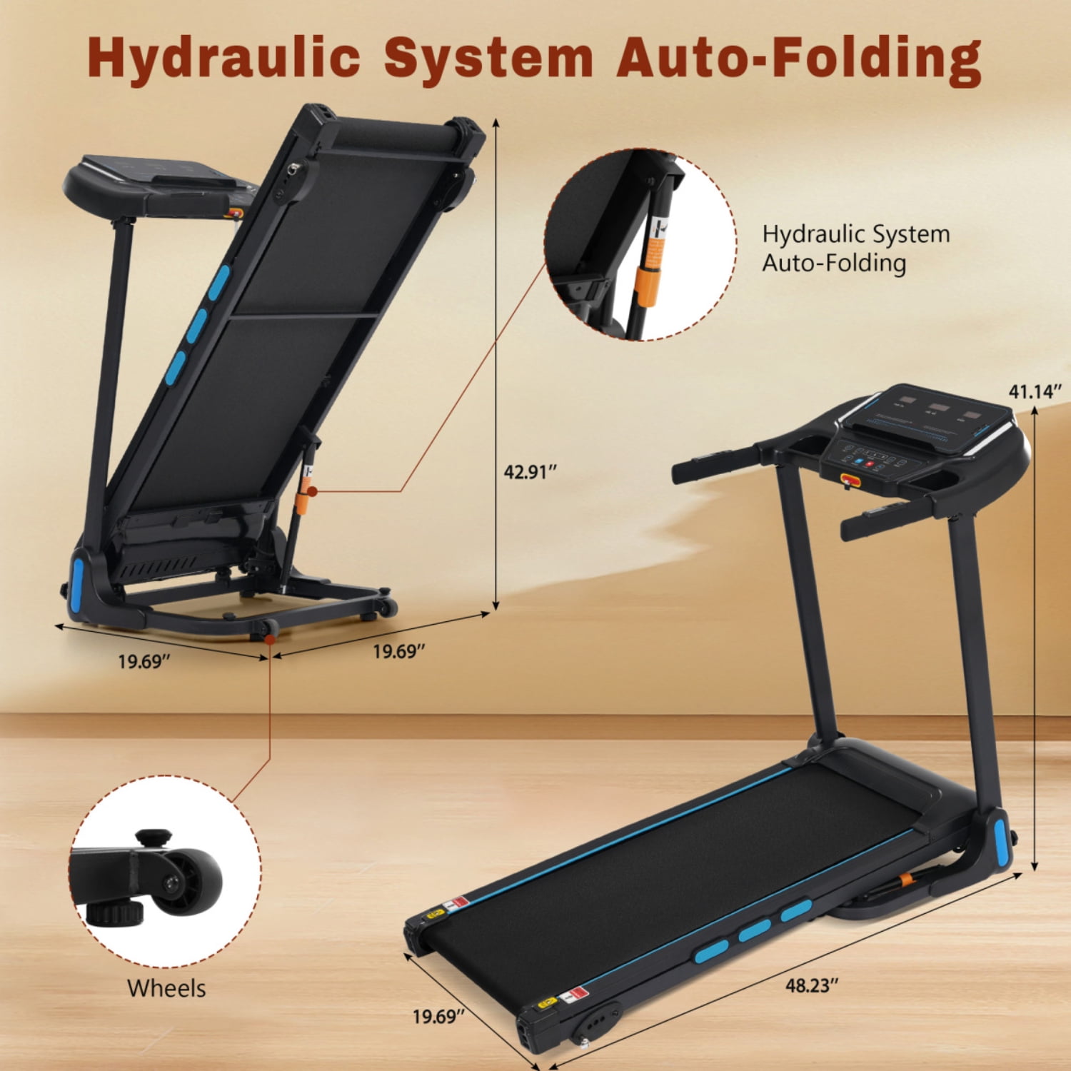 3.5HP Hydraulic Folding Treadmill, 10MPH Speed, 350LBS Capacity, Incline, Type C & USB Charging, Bluetooth Speaker, 6% Incline, 3 LED Screens