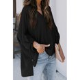 thumbnail image 3 of Blusa de manga larga para mujer Cuello en V Dobladillo irregular Diseño dividido Ajuste holgado Color sólido Top informal Negro L, 3 of 6