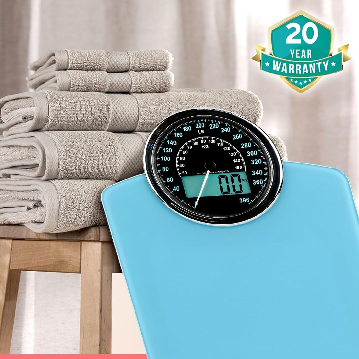 2-in-1 Analog & Digital Weighing Scale for Body Weight up to 400lbs - Thick Tempered Glass - Extra Large Display - Easy to Read Digital Bathroom Scale - New - Light Blue