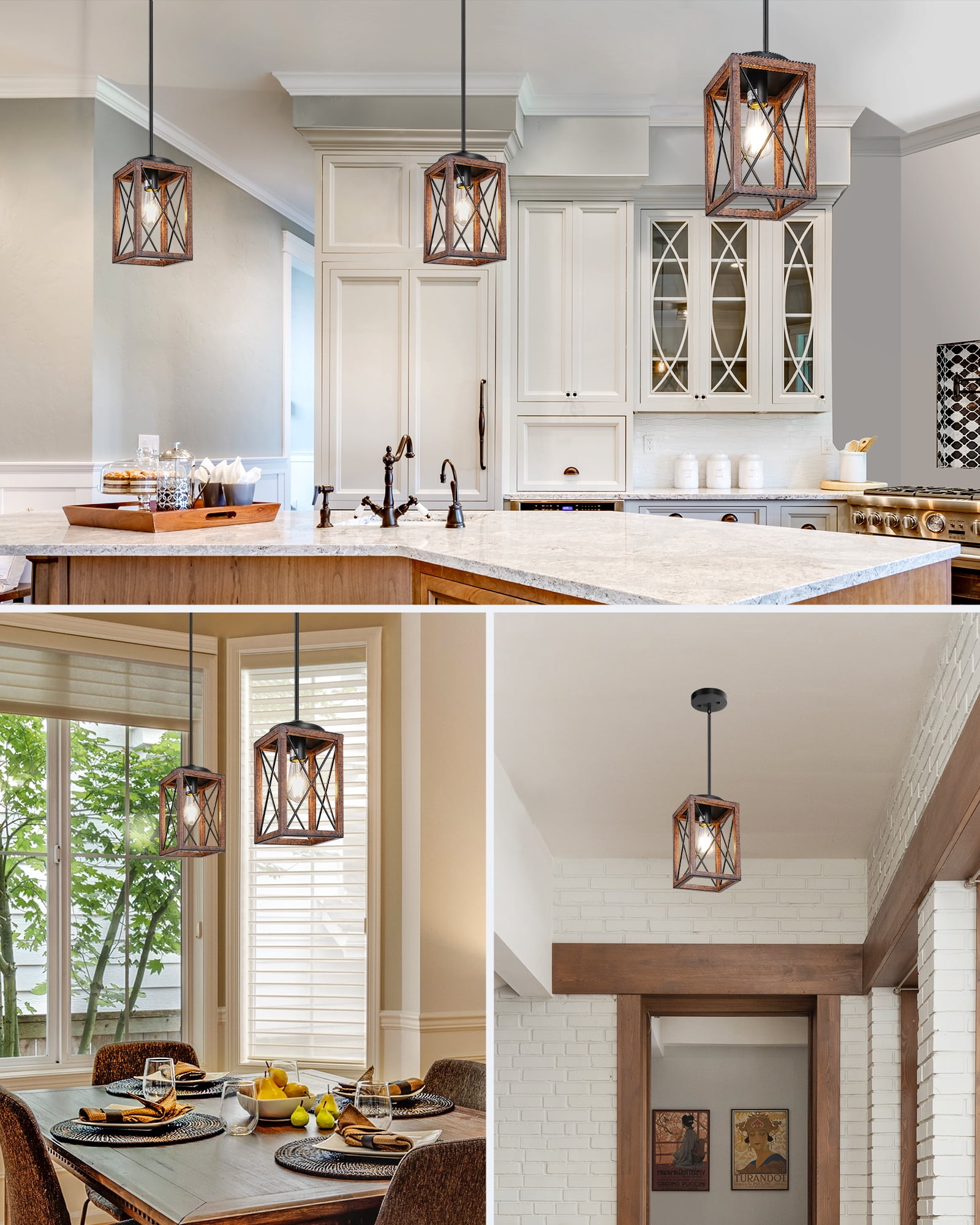 DEWENWILS 2 Pack Farmhouse Pendant Lighting for Kitchen Island, Wood and Metal Hanging Light Fixture for Dining Room, Adjustable Height