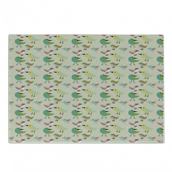 Bird Print Cutting Board, Nursery Themed Pattern with Colorful Little Avian Animals, Decorative Tempered Glass Cutting and Serving Board, in 3 Sizes, by Ambesonne
